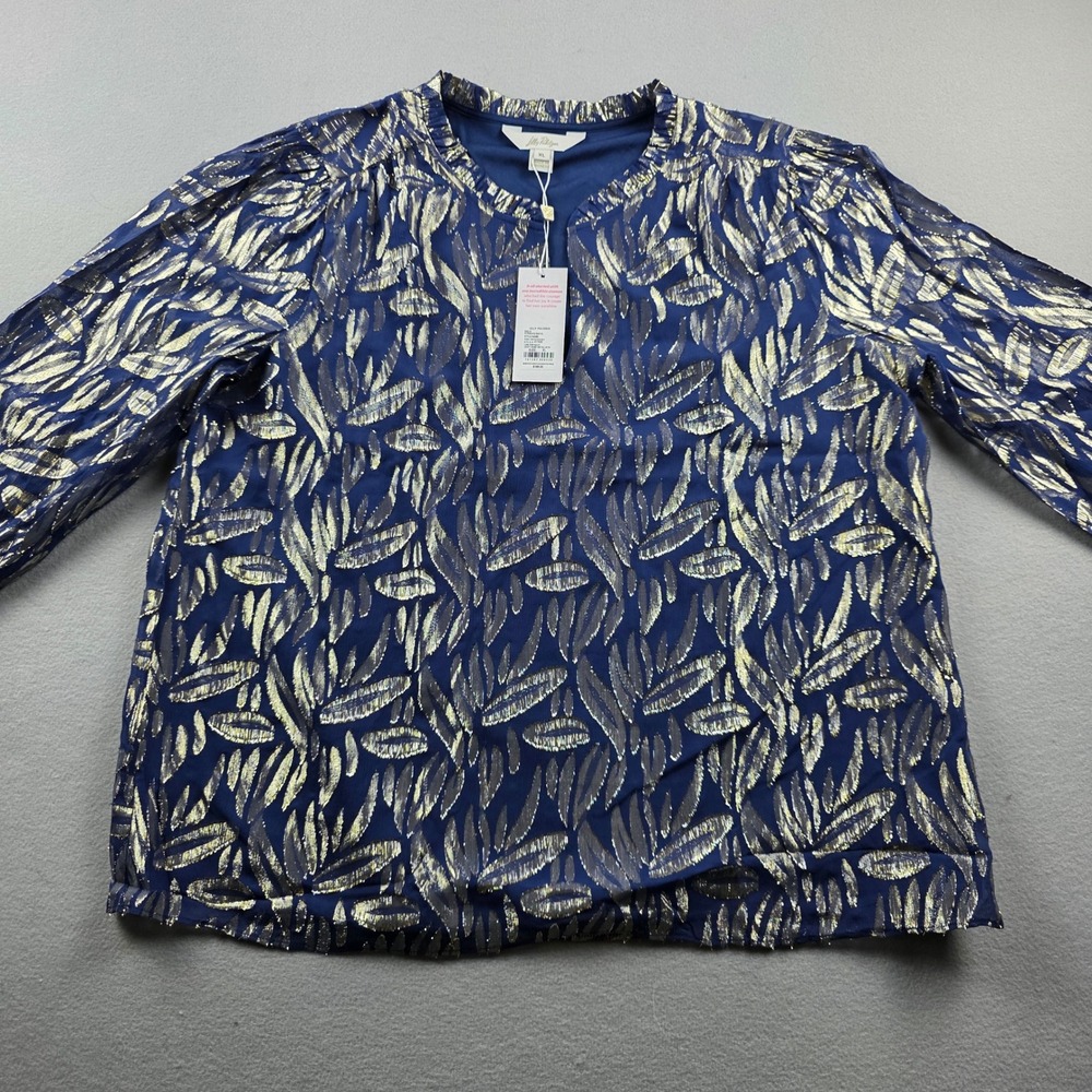 Lilly Pulitzer Giana Silk Blouse XL Low Tide Navy Gold Leaf Babe Metallic 017635